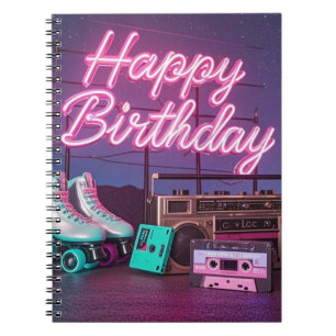 Retro neon Happy Birthday teken in roze en blauwgr Notitieboek