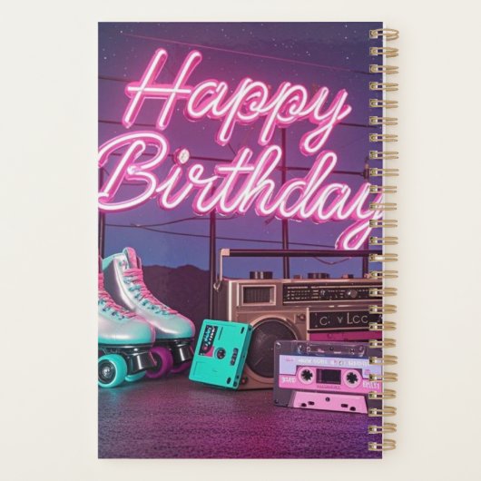 Retro neon Happy Birthday teken in roze en blauwgr Planner (Achterkant)