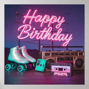 Retro neon Happy Birthday teken in roze en blauwgr Poster