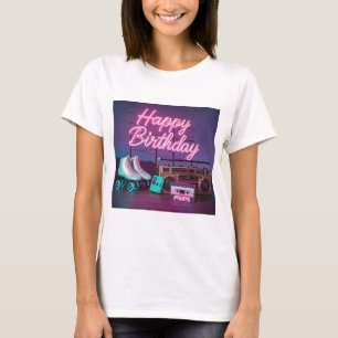 Retro neon Happy Birthday teken in roze en blauwgr T-shirt