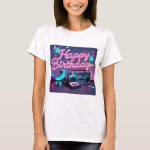Retro neon Happy Birthday teken in roze en blauwgr T-shirt