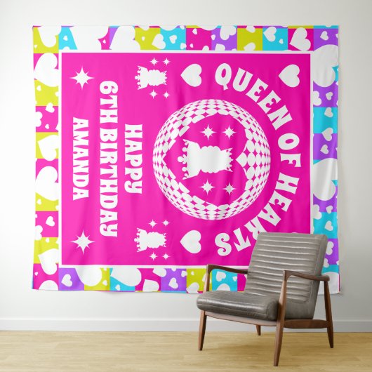 Retro Neon Hartenkoningin Verjaardagsfeest Banner Wandkleed (In Situ (horizontaal))
