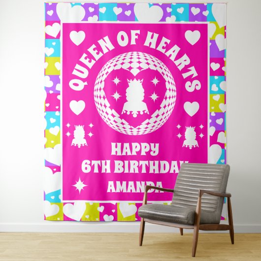 Retro Neon Hartenkoningin Verjaardagsfeest Banner Wandkleed (In situ)