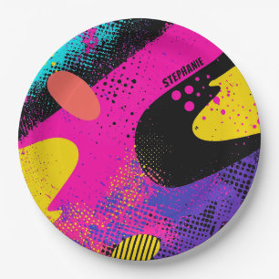 Retro Neon Heet Roze Cyaan Abstracte Pop Art Papieren Bordje