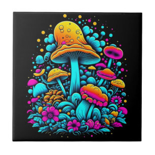 Retro Neon Paddenstoelen en Bloemen Ai Art Tegeltje