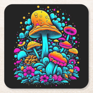 Retro Neon Paddenstoelen en Bloemen Ai Art Vierkante Kartonnen Onderzetter