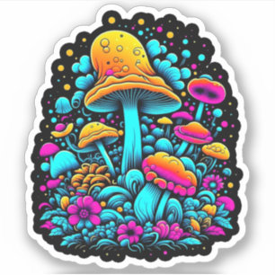 Retro Neon Paddenstoelen en Bloemen Sticker