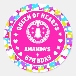 Retro Neon Queen of Hearts Verjaardag Ronde Sticker