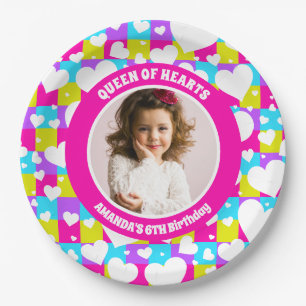 Retro Neon Queen of Hearts Verjaardagsfeest Foto Papieren Bordje