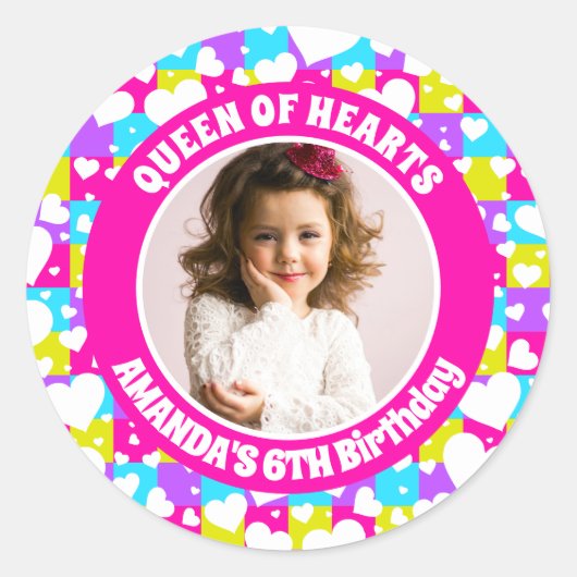 Retro neon Queen of Hearts Verjaardagsfoto Ronde Sticker (Voorkant)