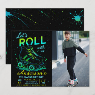 Retro Neon Roller Skate Verjaardagsfoto Kaart