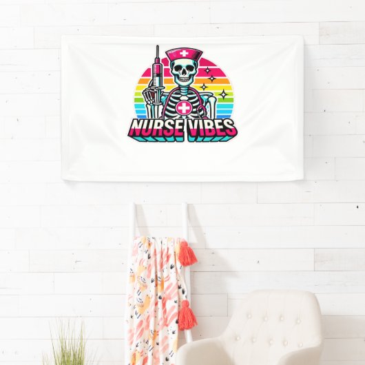 Retro Neon Skeleton Nurse - Funny Spooky Medical D Spandoek (Insitu)