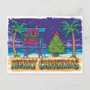 Retro Neon Strand Badmeester Kerstvakantie Feestdagenkaart