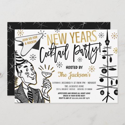 Retro New Years Cocktail Party Invitation (Devant / Derrière)