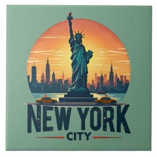 Retro New York City Skyline met Vrijheidsbeeld Tegeltje