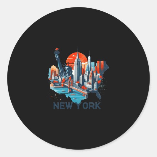Retro New York Skyline Silhouette _1  Ronde Sticker (Voorkant)