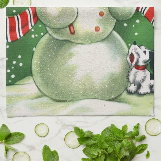 Retro Noël bonhomme de neige serviette de cuisine  (Plié)