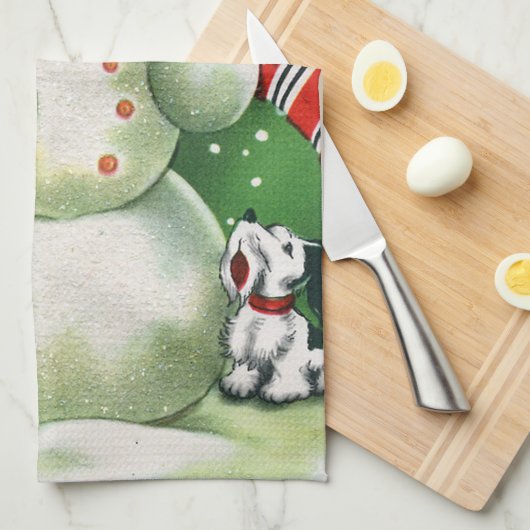 Retro Noël bonhomme de neige serviette de cuisine (Quart Plié)