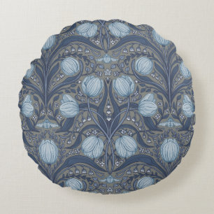 Retro Nouveau tulpen in blauw en tin Rond Kussen