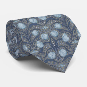Retro Nouveau tulpen in blauw en tin Stropdas