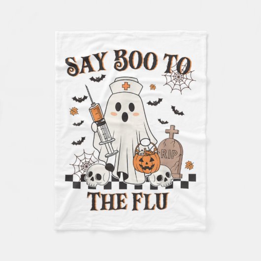 Retro Nurse Ghost Halloween Vaccine Zeg Boe tegen Fleece Deken (Voorkant)