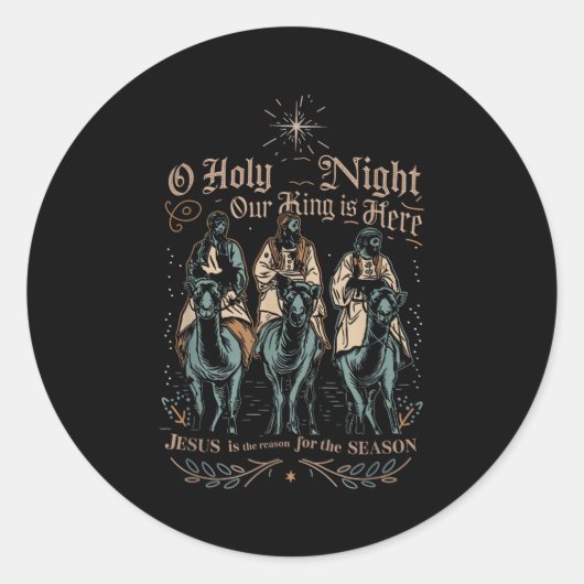 Retro O Holy Night Our King Is Here Christian Reli Ronde Sticker (Voorkant)
