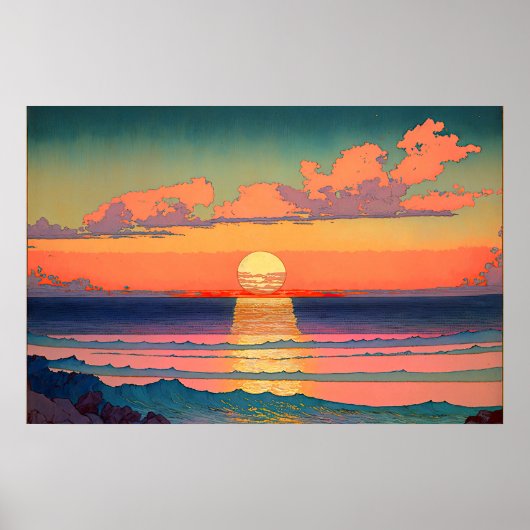 Retro Ocean Sunset Illustration Ai Art Poster (Voorkant)