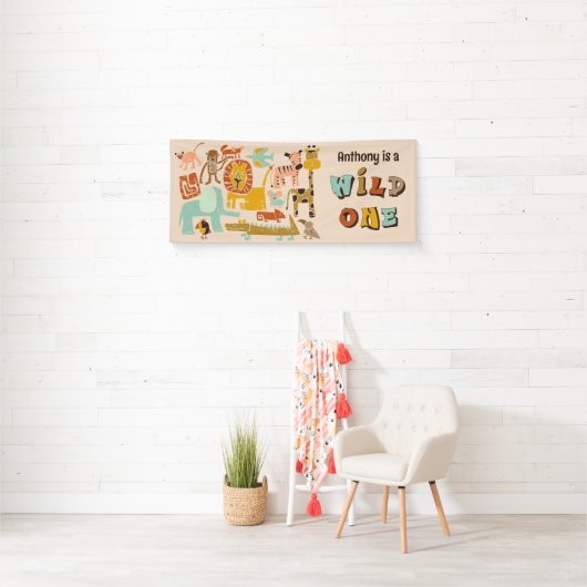 Retro Oerwouden Wild Een Eerste Verjaardag Spandoek (Insitu)