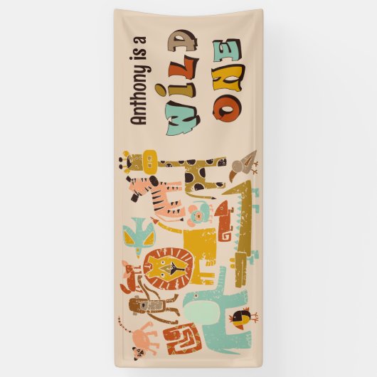 Retro Oerwouden Wild Een Eerste Verjaardag Spandoek (Verticaal)