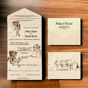 Retro Old Cartoon 50s Comic-Thémed Wedding All In One Uitnodiging