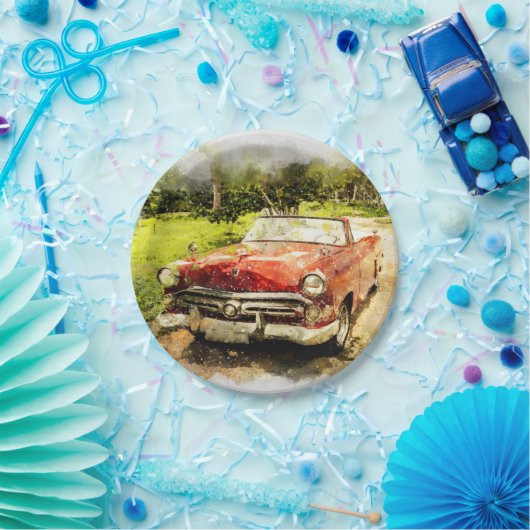  Retro Old Classic Auto Waterverf Art Papieren Bordje (Feest)