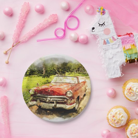  Retro Old Classic Auto Waterverf Art Papieren Bordje (Feest)