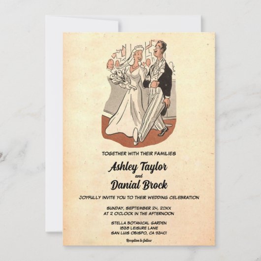 Retro Old Funny Couple 50s Rustic Wedding Kaart (Voorkant)