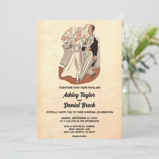 Retro Old Funny Couple 50s Rustic Wedding Kaart (Staand voorkant)