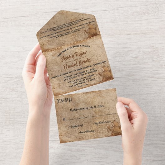 Retro Old Map Sailboat Classic Wedding All In One Uitnodiging (Afscheurbaar)