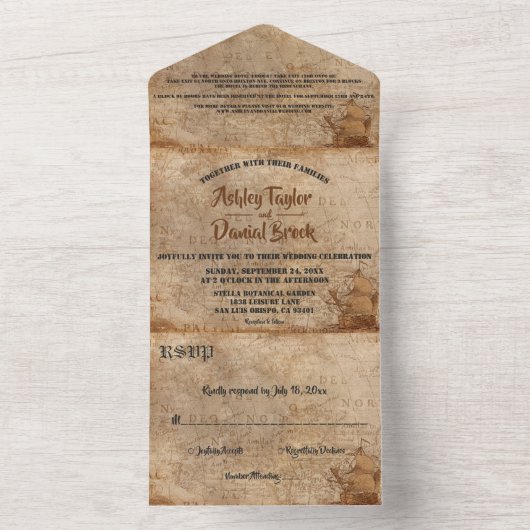 Retro Old Map Sailboat Classic Wedding All In One Uitnodiging (Binnen)