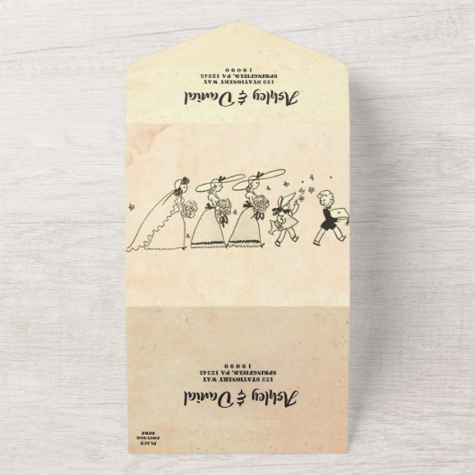 Retro Old Rustic Couple Ceremony Wedding All In One Uitnodiging (Buitenkant)