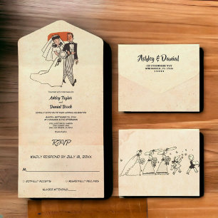 Retro Old Rustic Couple Comic Book Wedding All In One Uitnodiging