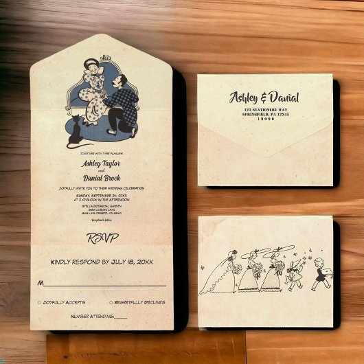  Retro Old Rustic Couple Romantic Wedding All In One Uitnodiging