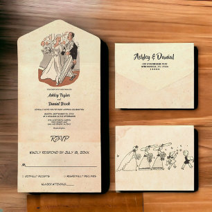 Retro Old Style Couple Comic Book Wedding All In One Uitnodiging