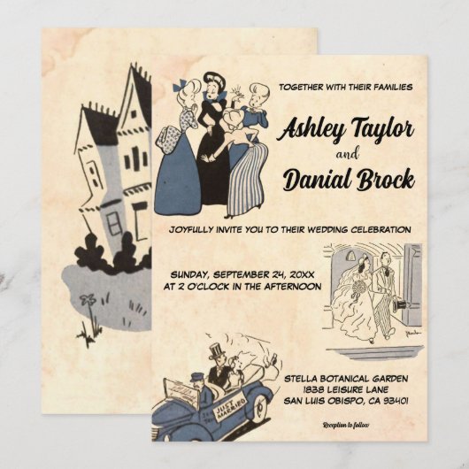 Retro Old Stylish Modern 50s Comic Wedding Kaart (Voorkant / Achterkant)