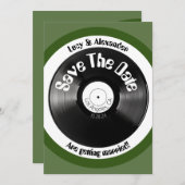 Retro  olijfgroen vinyl record bruiloft save the date (Voorkant / Achterkant)