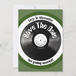 Retro  olijfgroen vinyl record bruiloft save the date