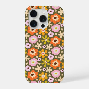 Retro olijfgroene abstracte bloemstukken iPhone 15 pro hoesje
