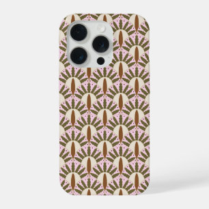 Retro olijfgroene schelpenbladerenpatroon iPhone 15 pro hoesje