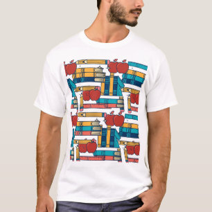 Retro Onderwijs Appels Boeken Potloden Patroon T-shirt