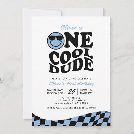 Retro One Cool Dude Blue Smile Face 1e verjaardag Kaart (Voorkant)