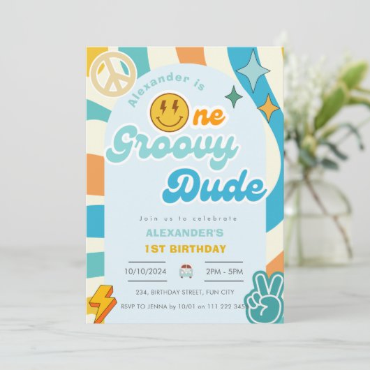 Retro One Groovy Dude Boy 1e eerste verjaardag Kaart (Staand voorkant)