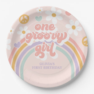 Retro One Groovy Girl Regenboog 1e Verjaardag Papieren Bordje