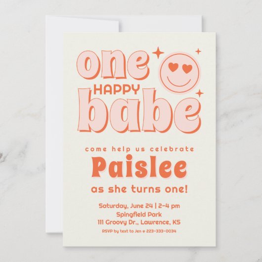Retro One Happy Babe First Birthday Invitation (Devant)